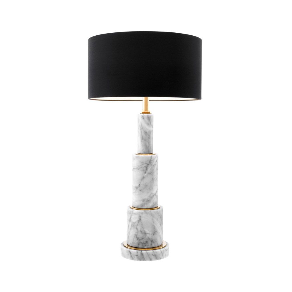 a stylish white marble table lamp with a black shade