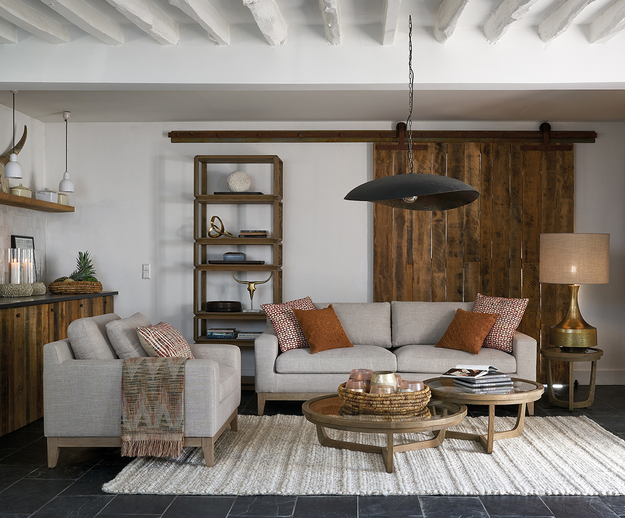 an autumnal Scandinavian living room with rustic, industrial theme