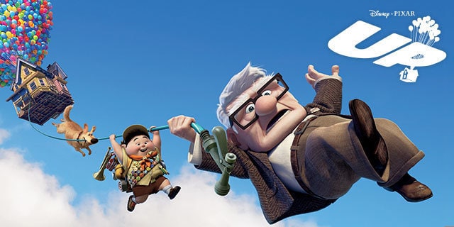 up movie poster: elderly man, young boy, dog and house floating by balloons
