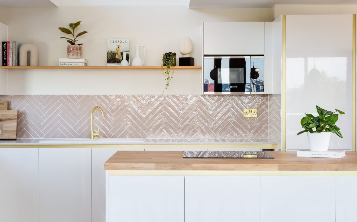 a contemporary pink and white  kitchen 