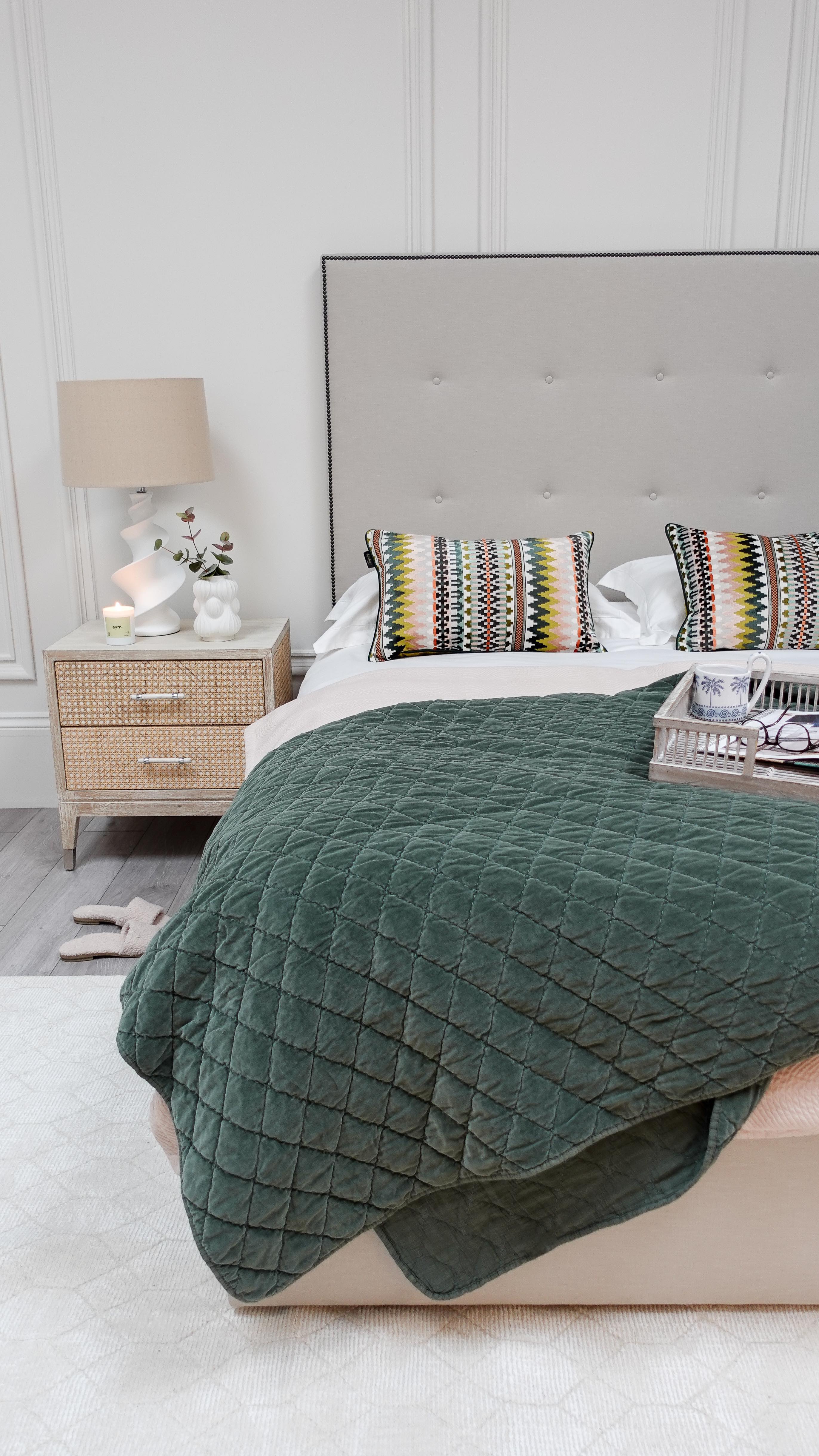 Style this gorgeous bedroom setup with us. ✨ 
We are in love with the pops of green and pastel pink contrasted with this gorgeous neutral, new-in Terragon Bedside Table and Twist Table Lamp! 🤍

Pieces featured are:
• Terragon Bedside Table
• Roland Bed 
• Lush Velvet Quilt - Green 
• Villa Nova Nola Throw - Candy 
• Twist Table Lamp 
• Jonathan Adler Medium Balloon Vase 
Cushions are brand new and will be launched soon so watch this space.. 👀 

#homedecor #homeinspo #interiordesign #bedroom #bedroomideas #bedroomdesign #bedroomdecor #springrefresh #pastelbedroon #neutraldecor