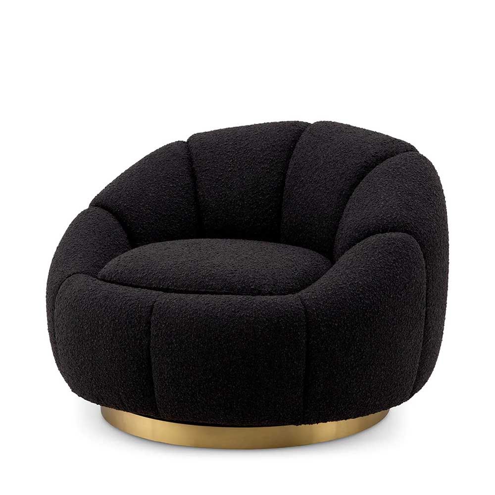 elegant black boucle upholstered swivel chair with brass base 