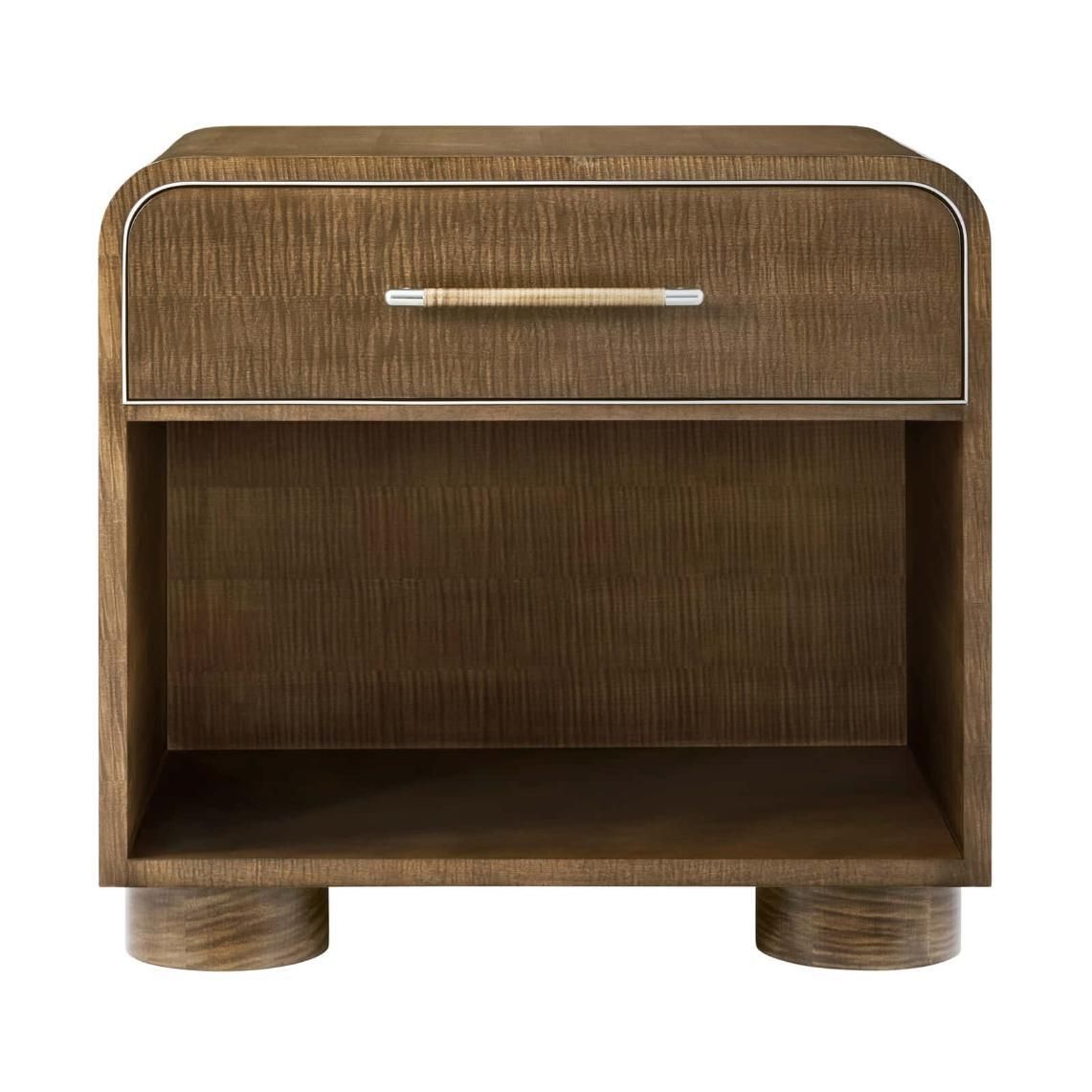 Rounded bedside table with an open cubby and one drawer, dark wood finish