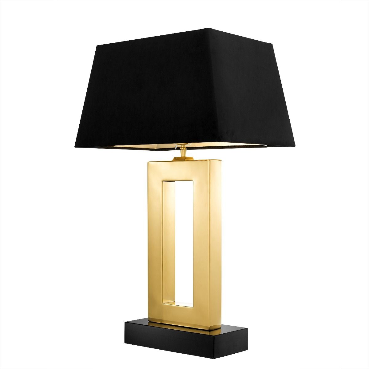 A luxurious golden table lamp with a black base and shade