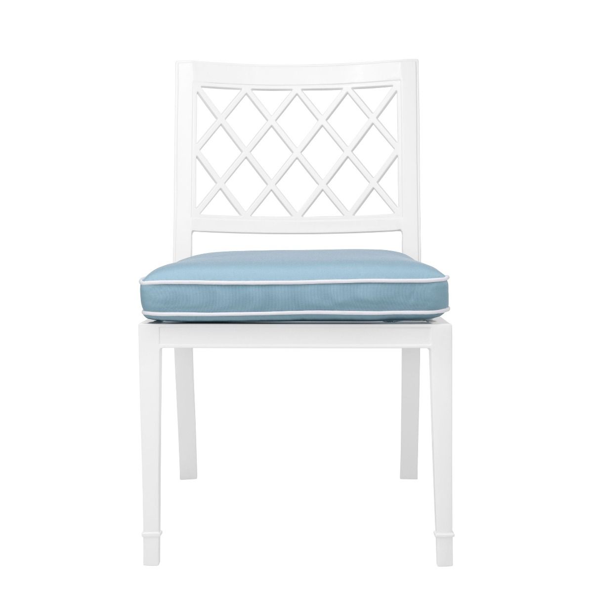 white outdoor dining chair with blue and white cushion