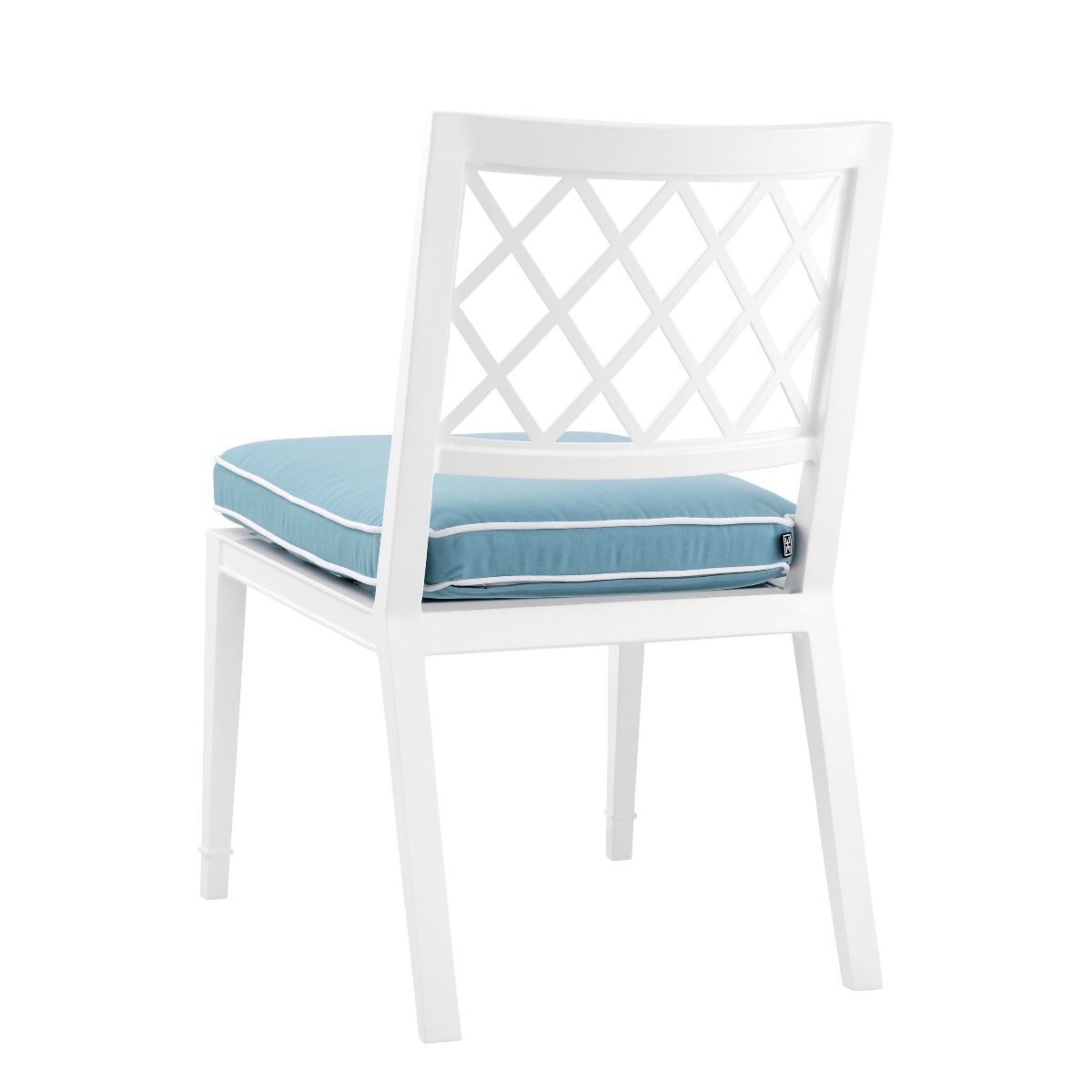 white outdoor dining chair with blue and white cushion