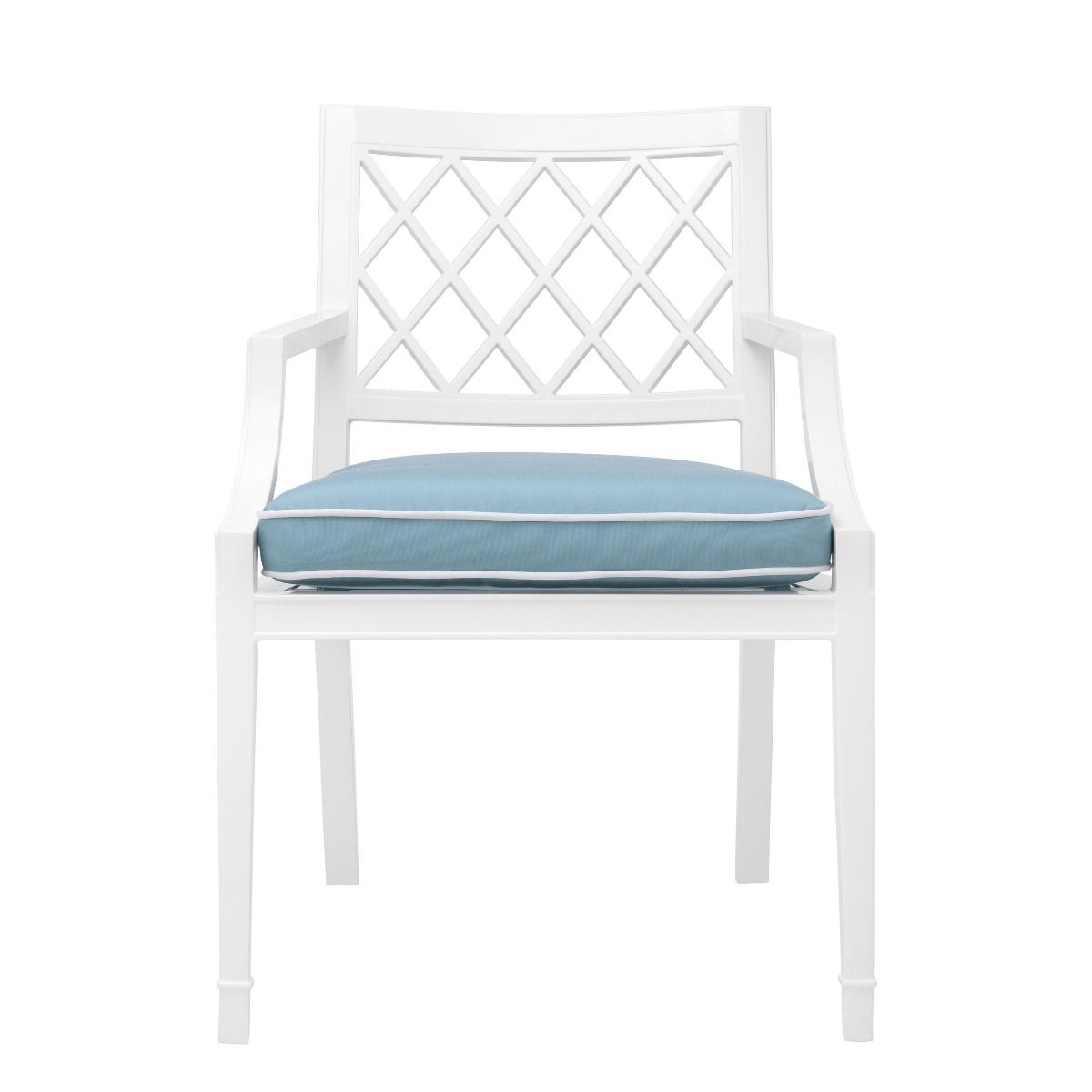 white dining chair with arms and a blue and white seat cushion - suitable for outdoor