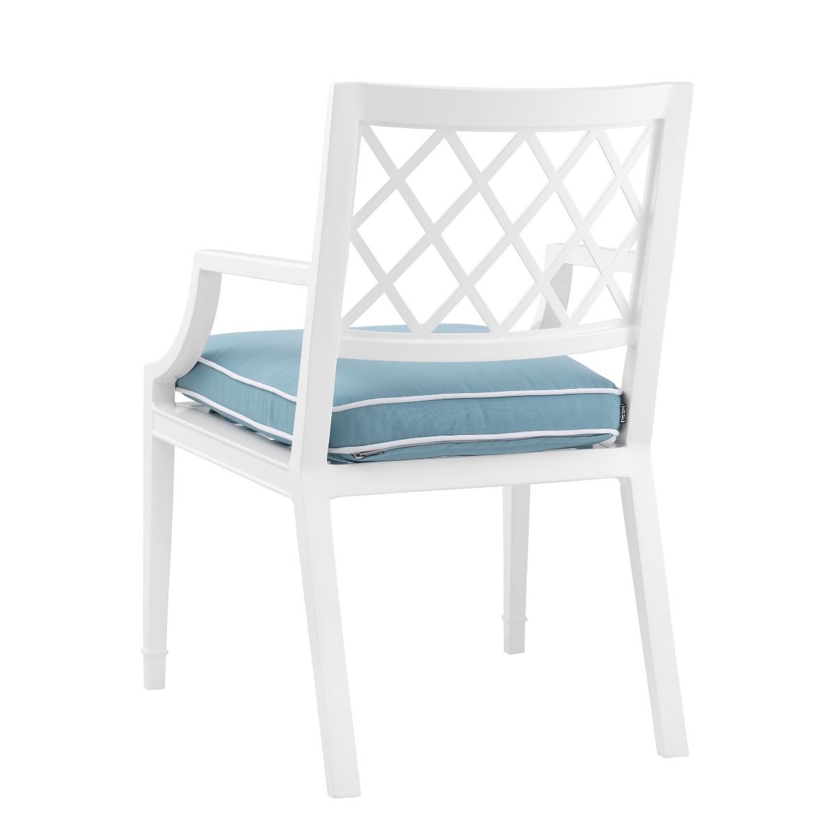 white dining chair with arms and a blue and white seat cushion - suitable for outdoor