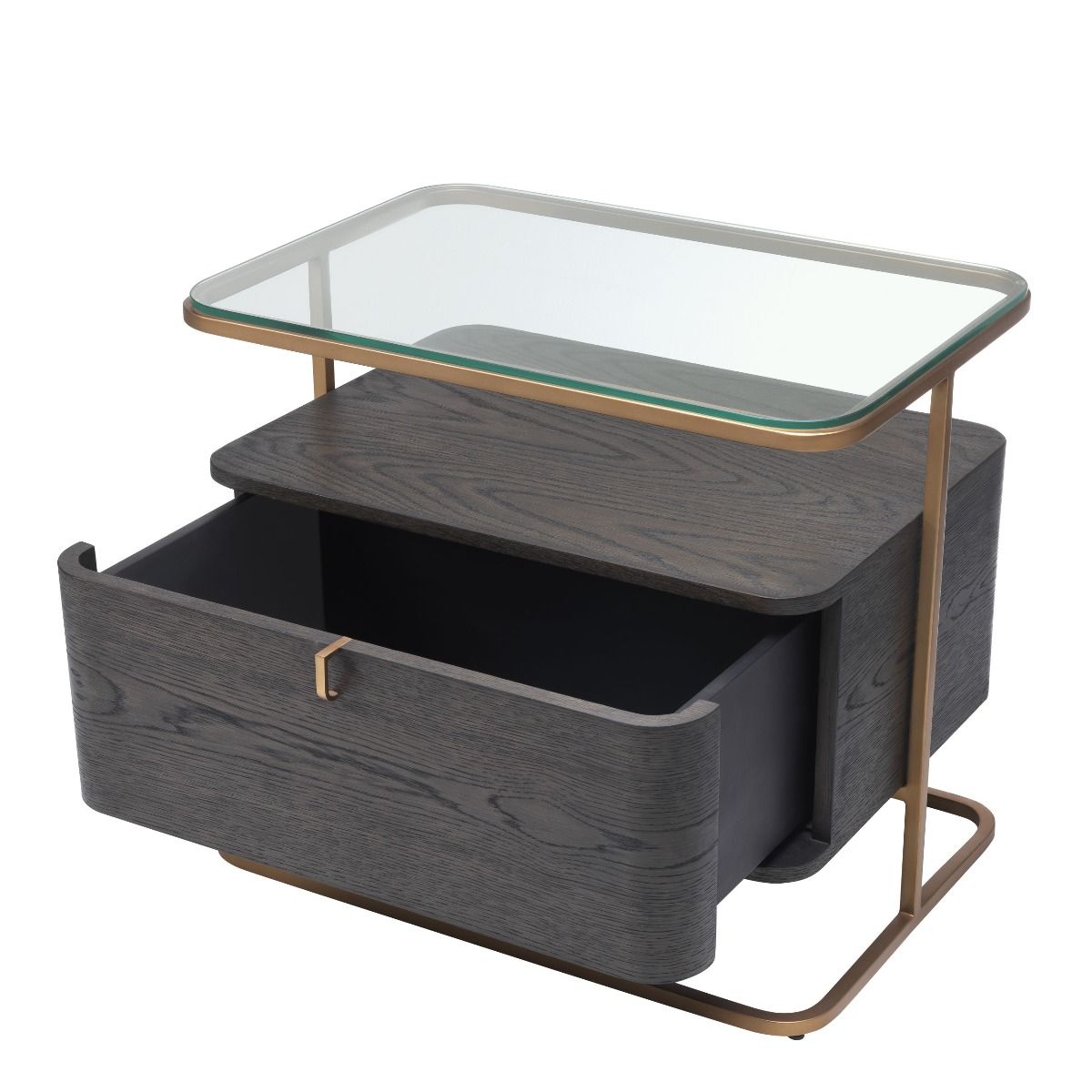 Mocha oak veneer side table with glass table top and brass frame