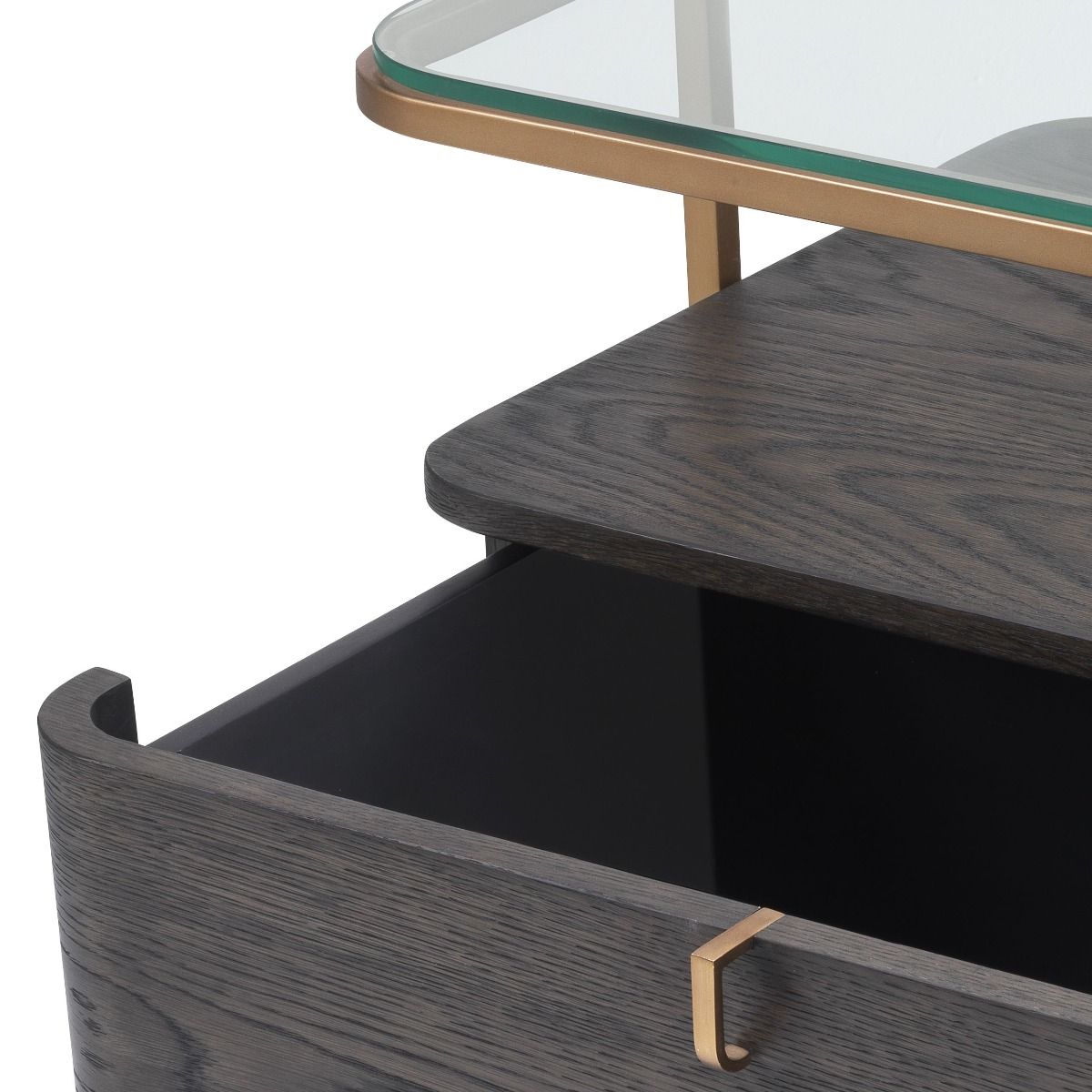 Mocha oak veneer side table with glass table top and brass frame
