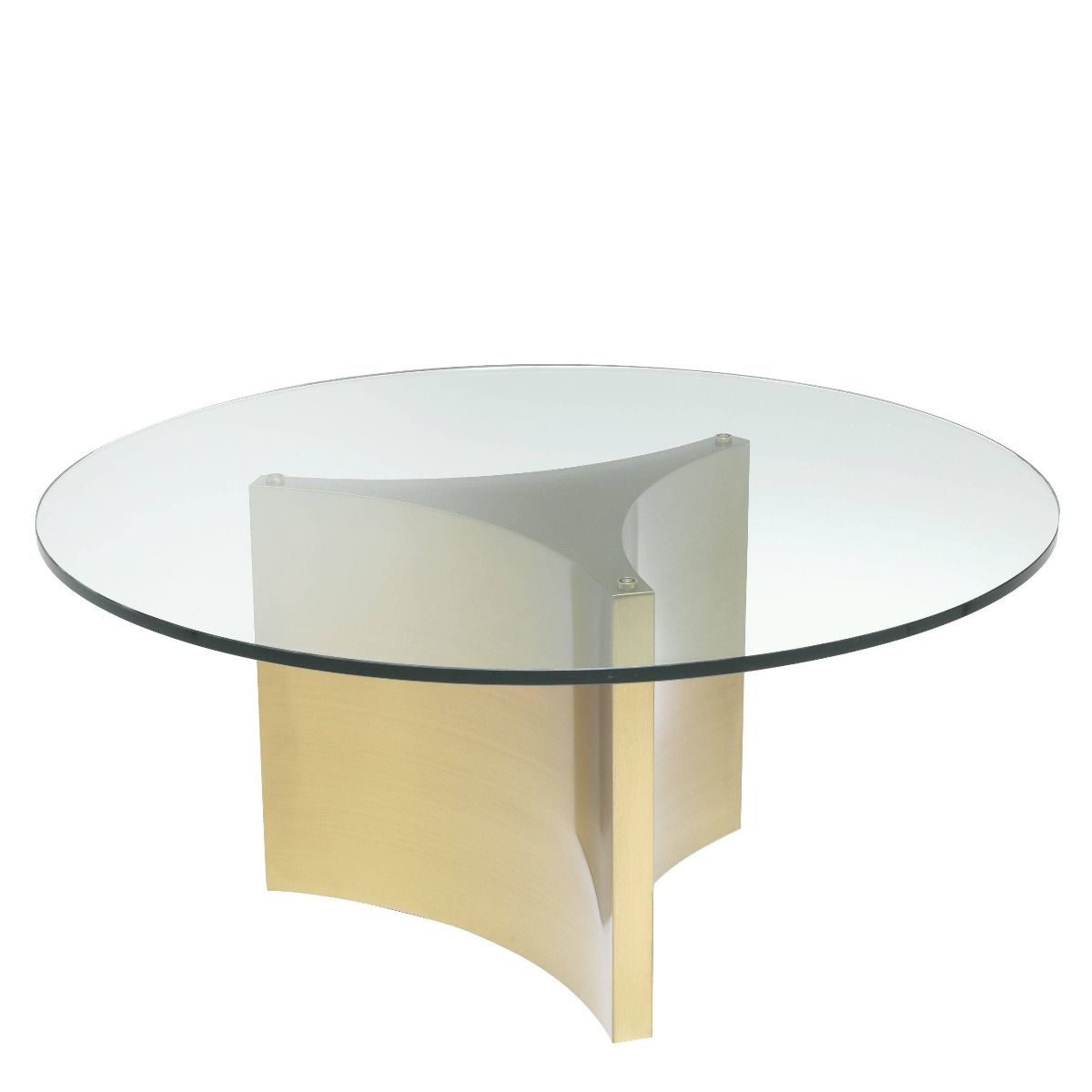 White coffee table with circular glass top and brushed brass frame