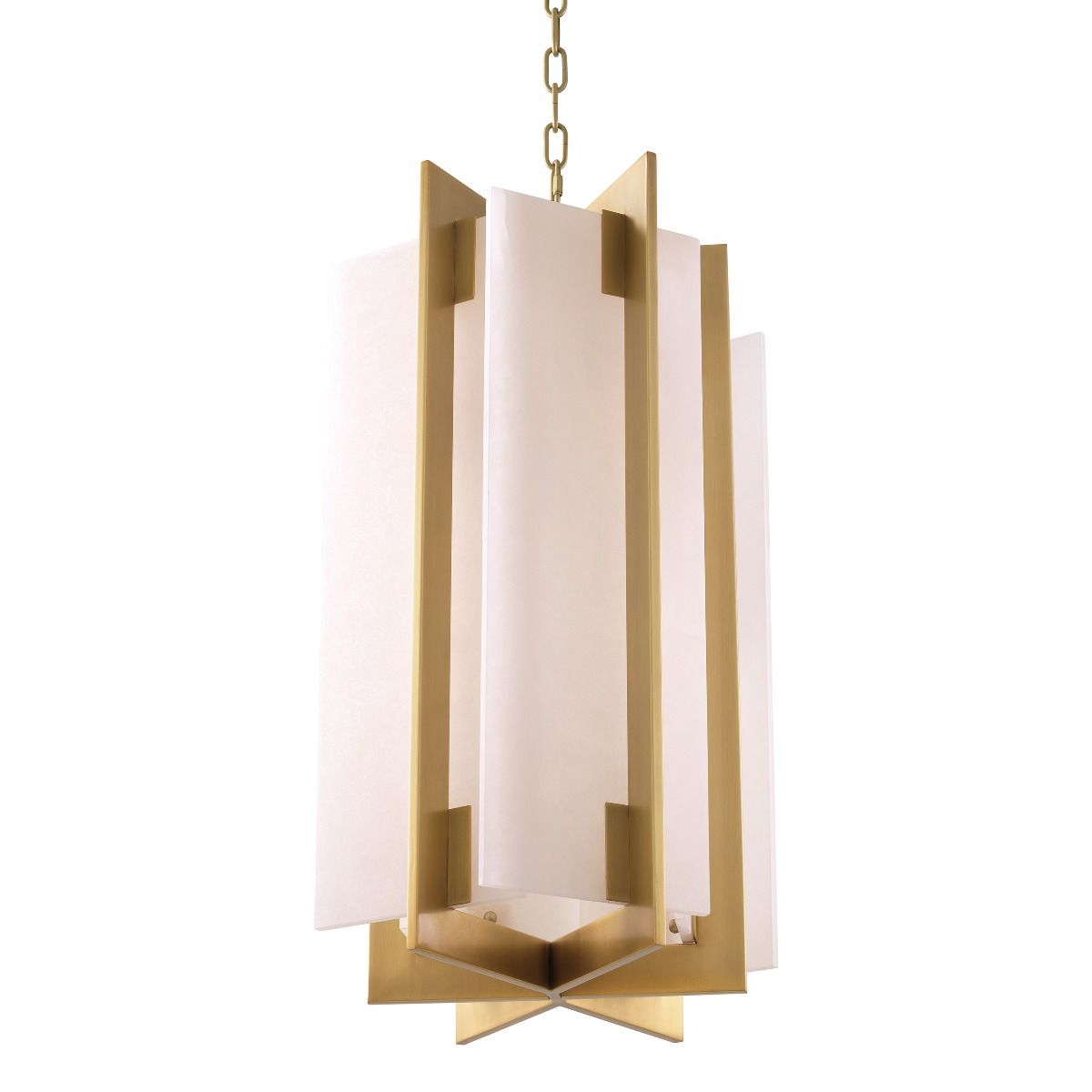 Stunning, geometric chandelier with antique brass and alabaster finish