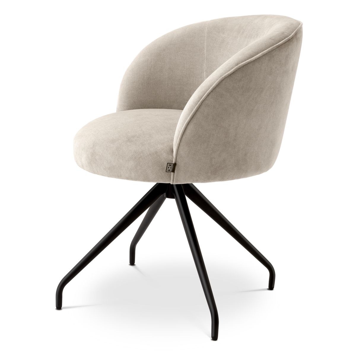Dining chair with curvaceous seat and black spider style base