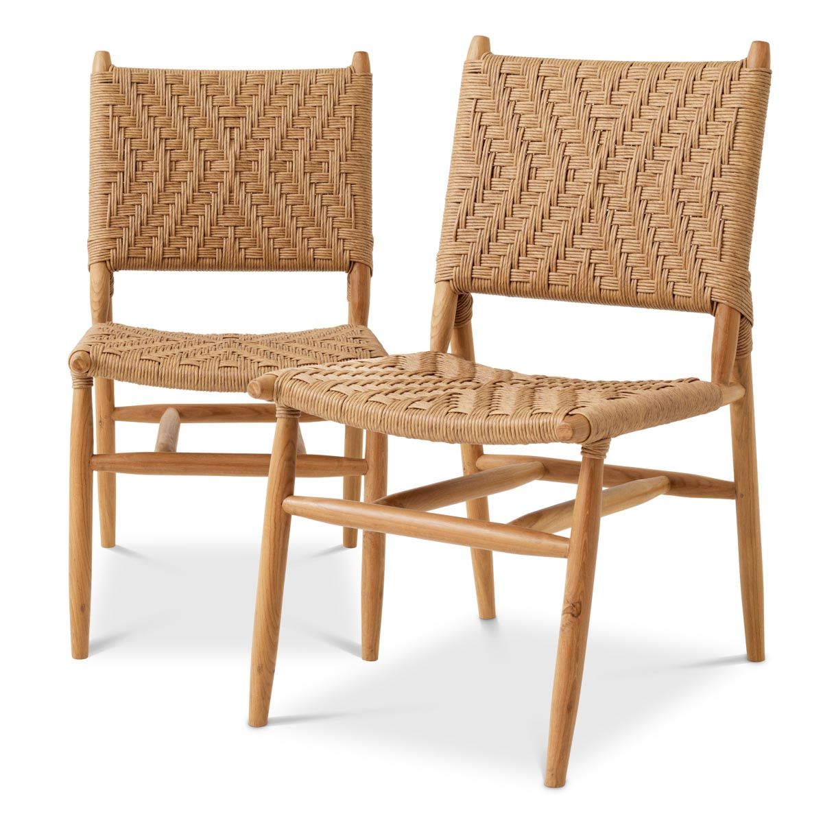 A stylish set of outdoor dining chairs by Eichholtz with intricate woven patterning and a teak wood finish