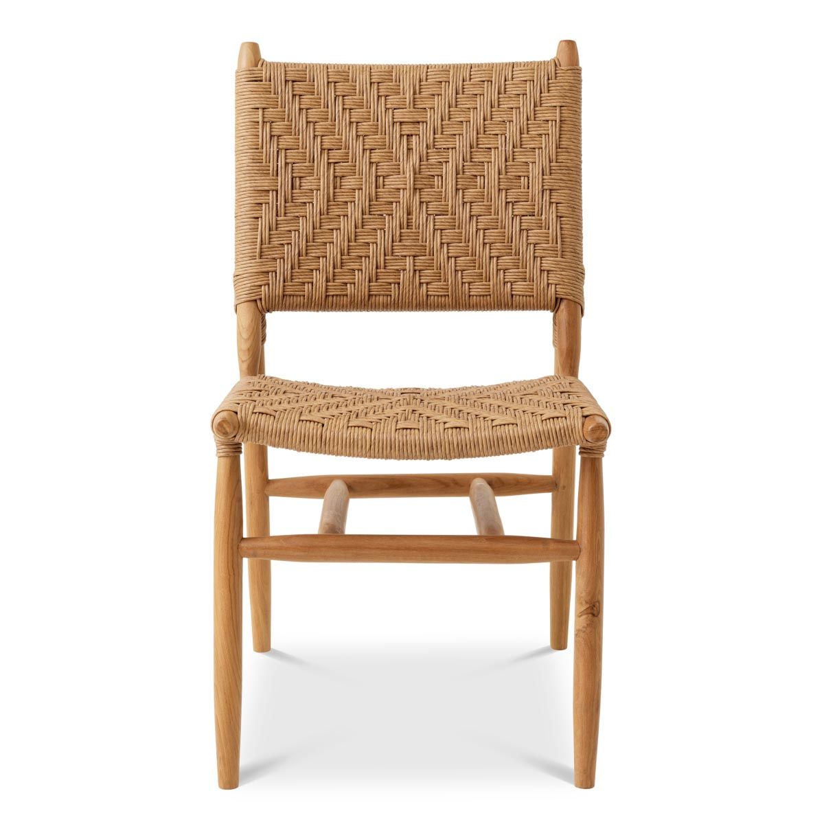 A stylish set of outdoor dining chairs by Eichholtz with intricate woven patterning and a teak wood finish