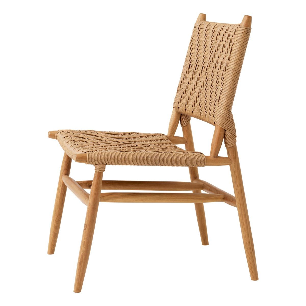 A stylish set of outdoor dining chairs by Eichholtz with intricate woven patterning and a teak wood finish