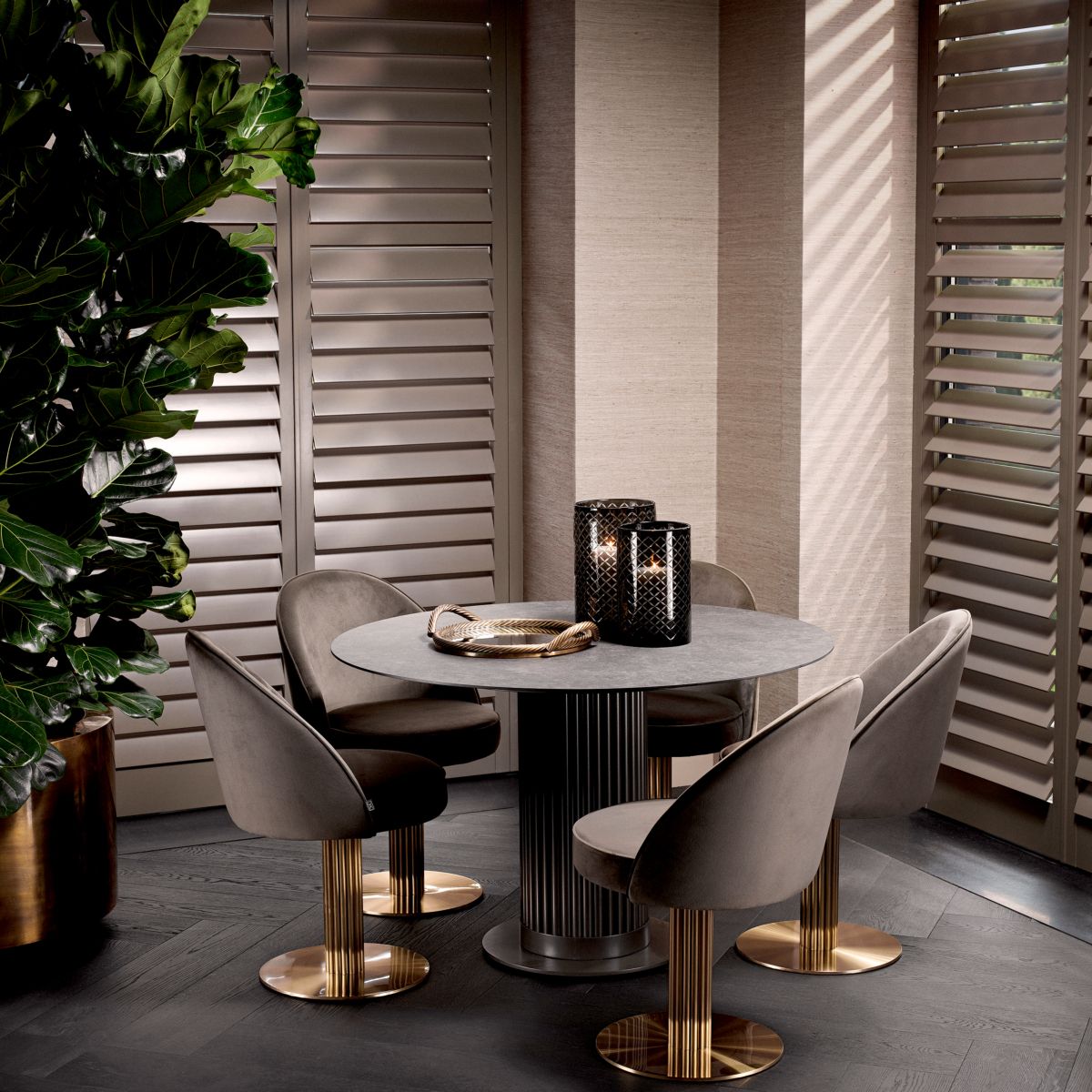 Grey dining table with circular top