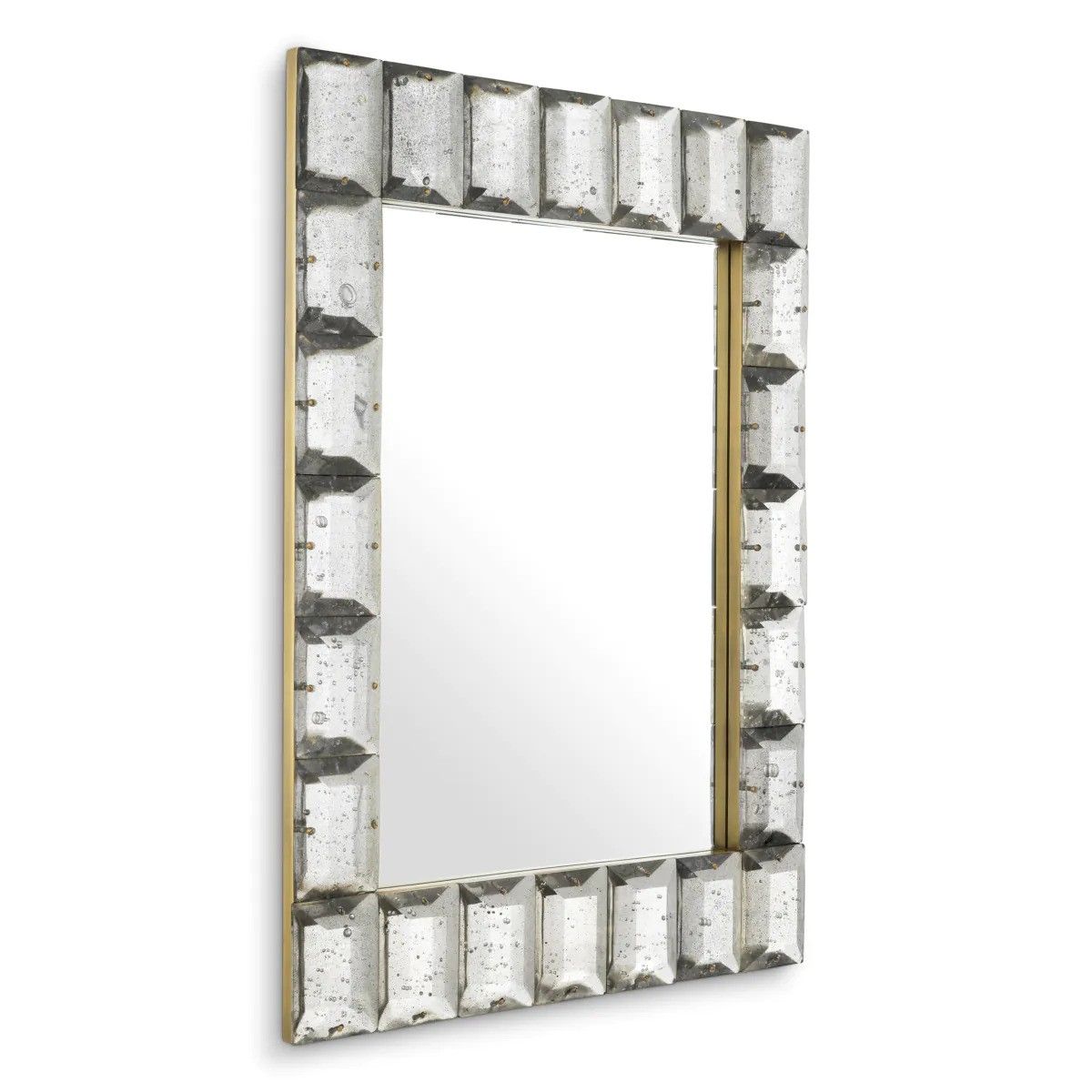 Chic mirror with geometric 3D frame in aged metallic finish