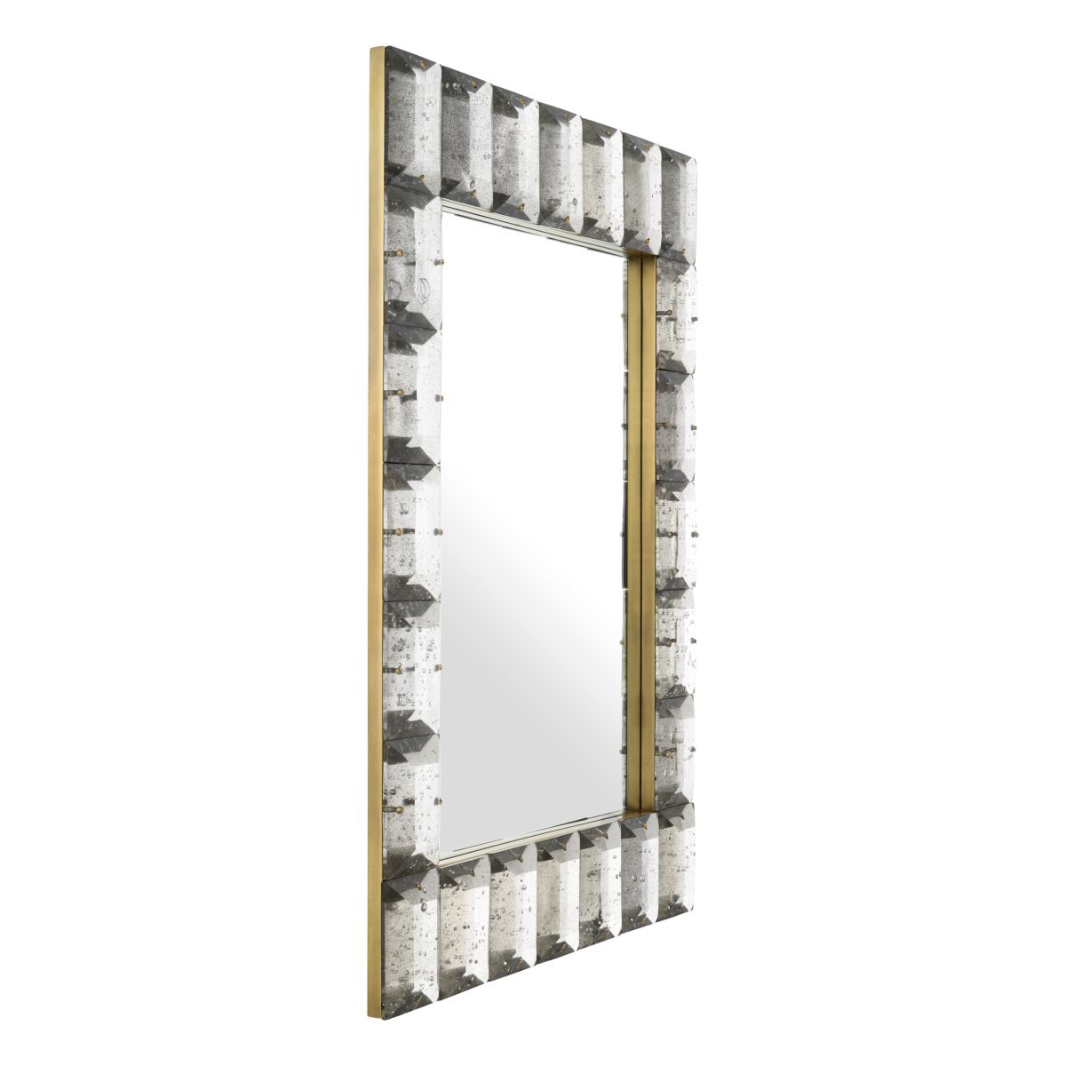 Chic mirror with geometric 3D frame in aged metallic finish