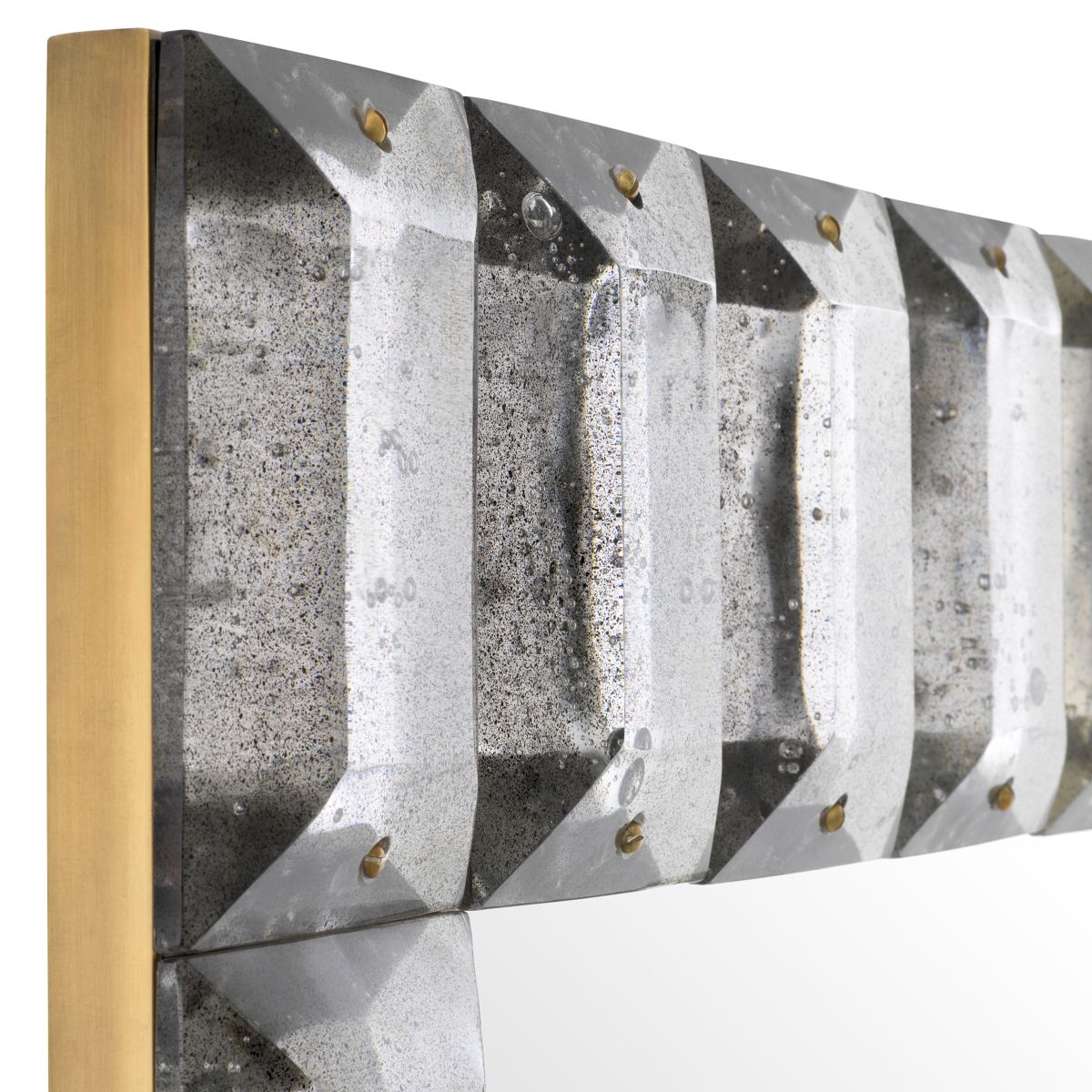 Chic mirror with geometric 3D frame in aged metallic finish