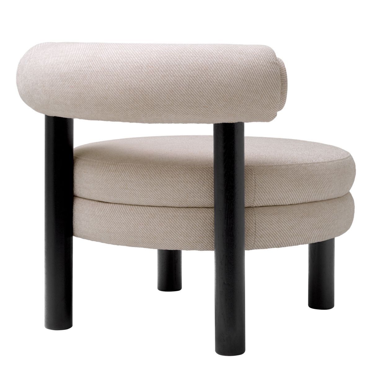 Taupe linen upholstered chair with round seat and cylinder backrest