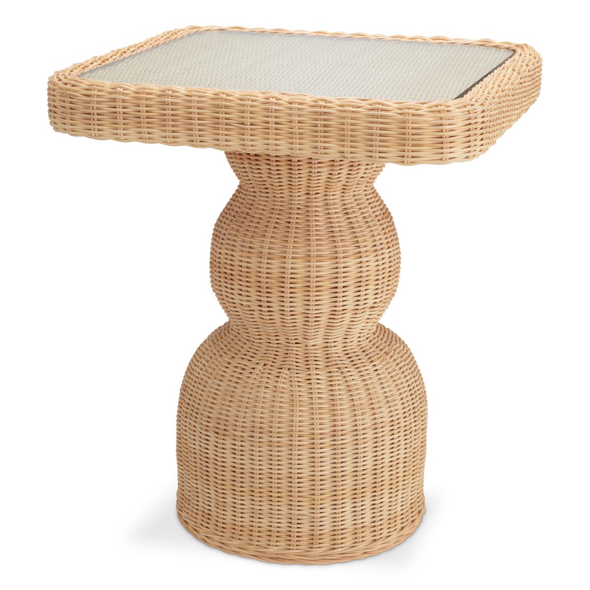 Square rattan side table with glass top
