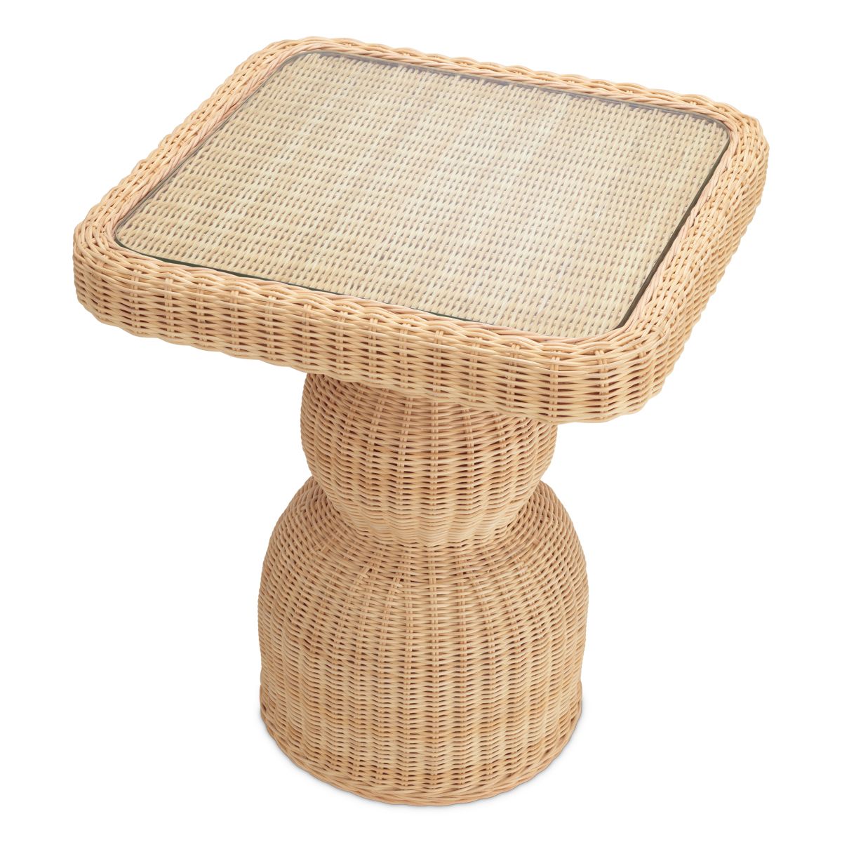 Square rattan side table with glass top