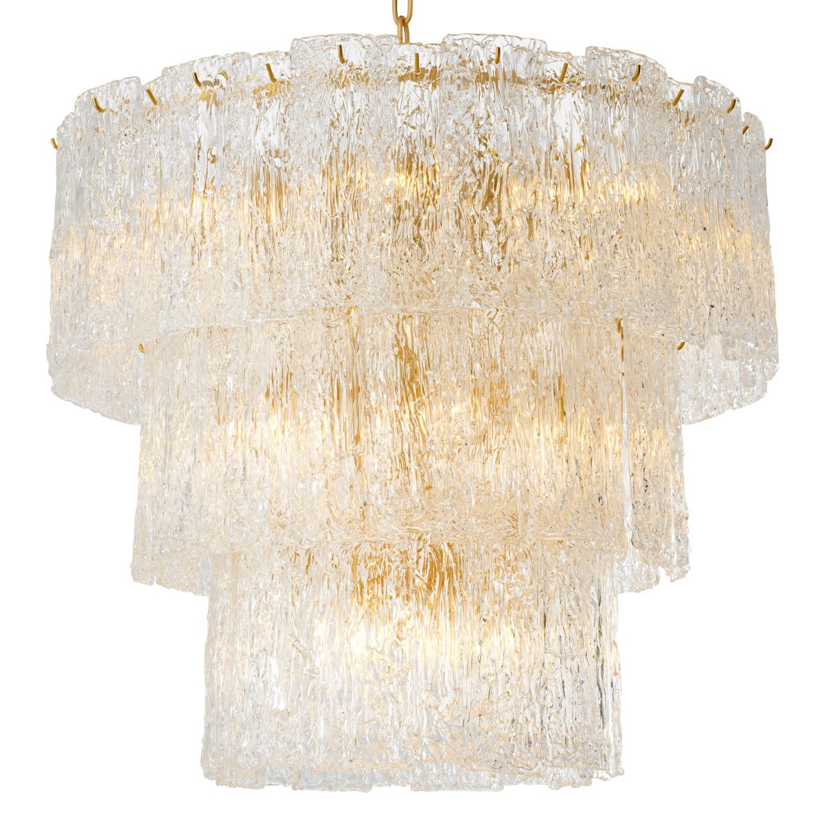 Divine and opulent chandelier featuring textured layered grass and brushed brass accents