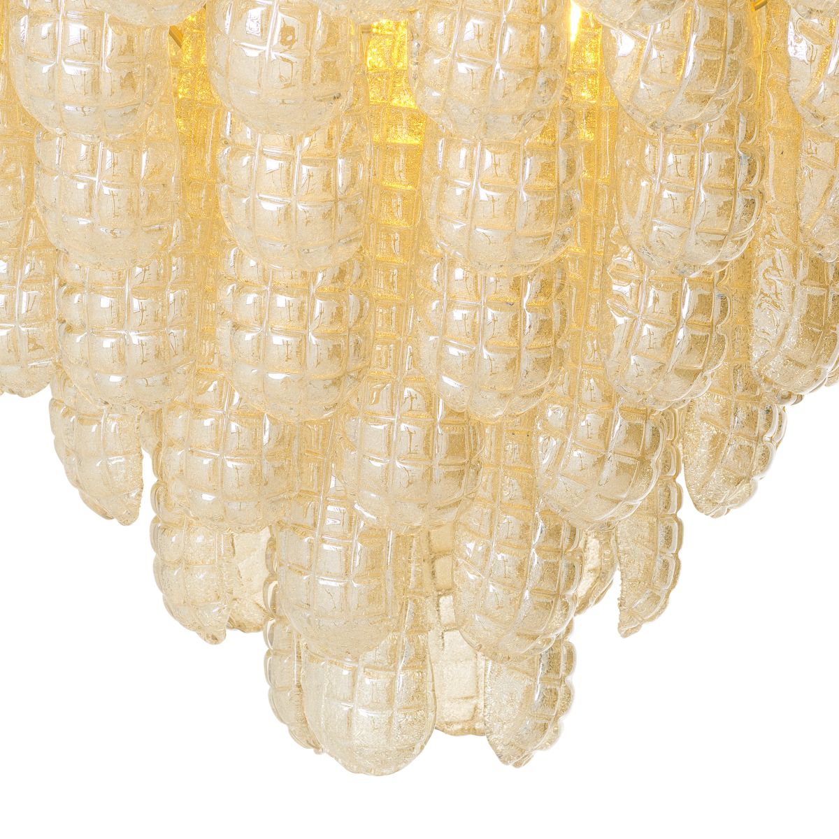 Tiered style chandelier featuring textured glass curved pieces forming an apex.