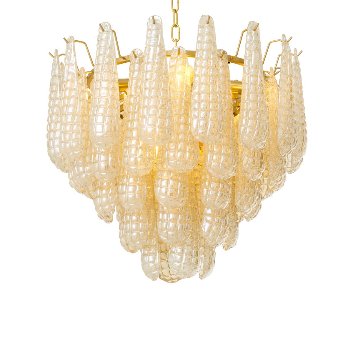 Tiered style chandelier featuring textured glass curved pieces forming an apex.