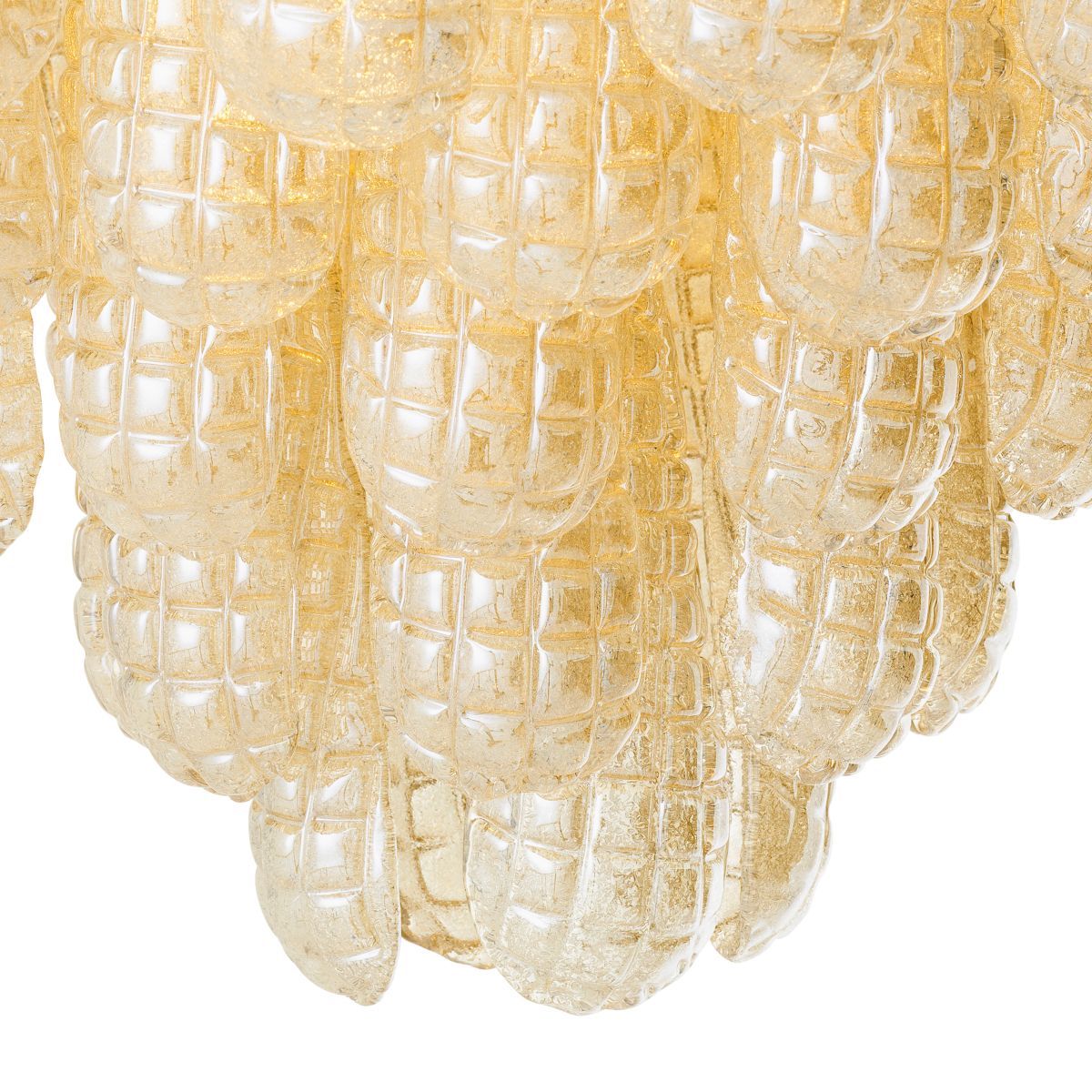 Tiered style chandelier featuring textured glass curved pieces forming an apex.