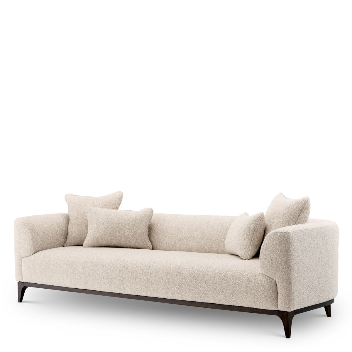Sleek sofa in boucle cream finish with contrasting black base.