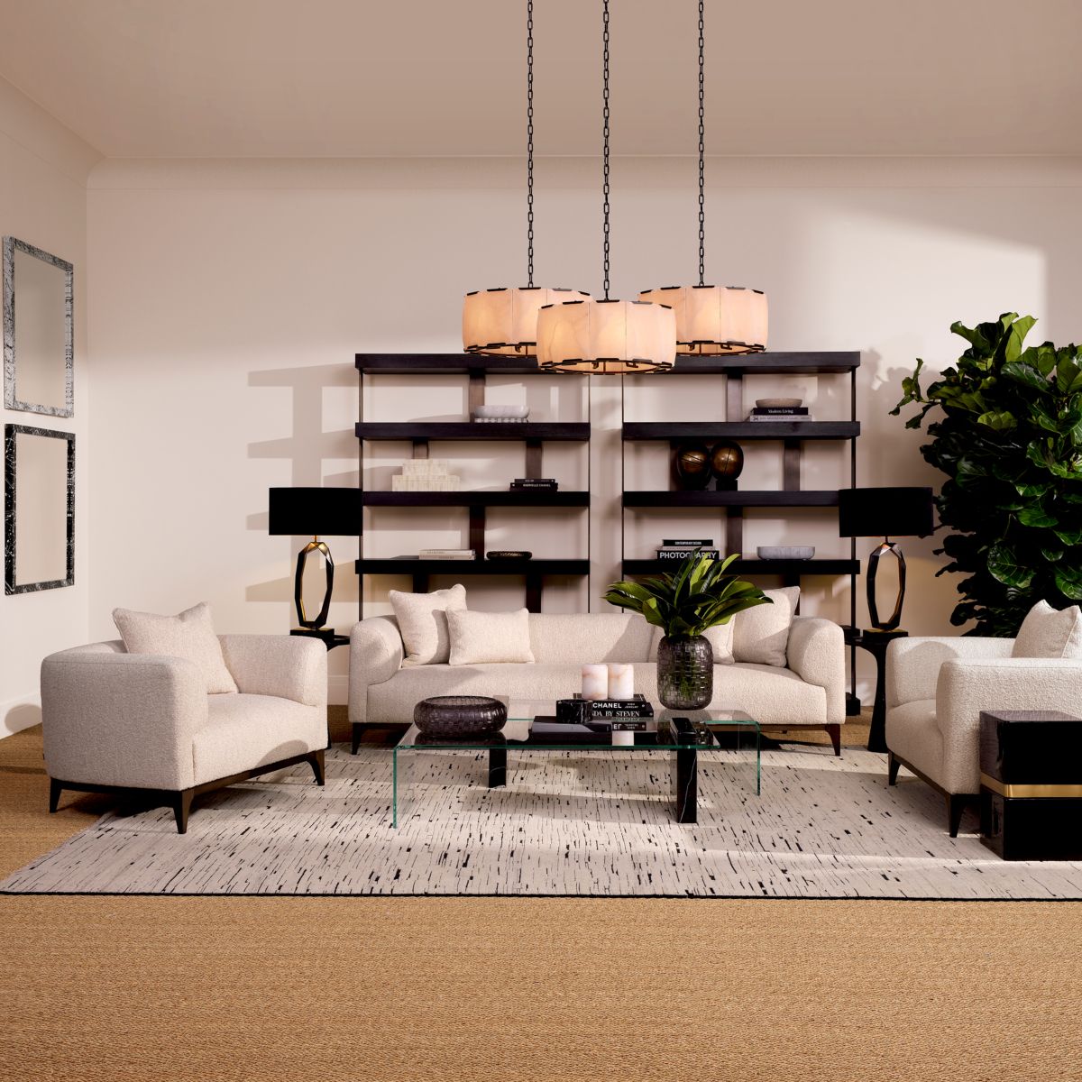 Sleek sofa in boucle cream finish with contrasting black base.