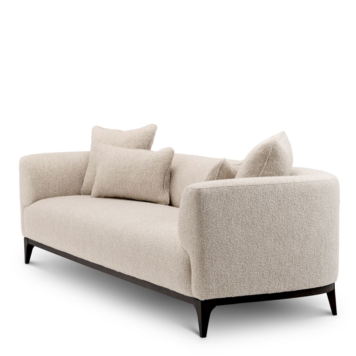 Sleek sofa in boucle cream finish with contrasting black base.