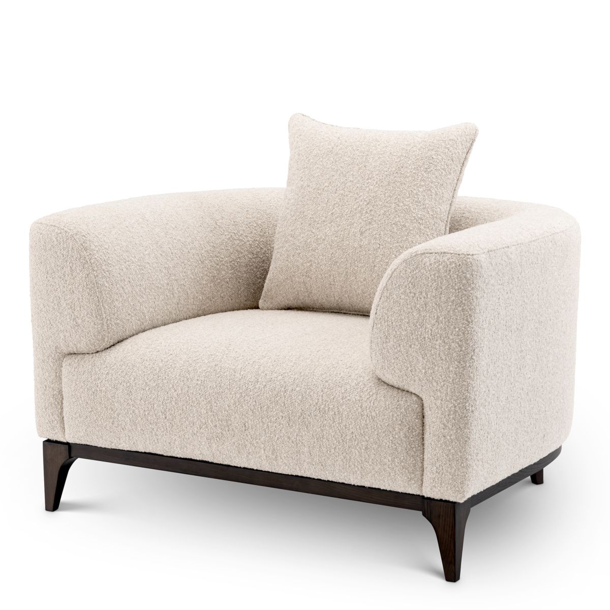 Sleek armchair in boucle cream finish with contrasting black base.