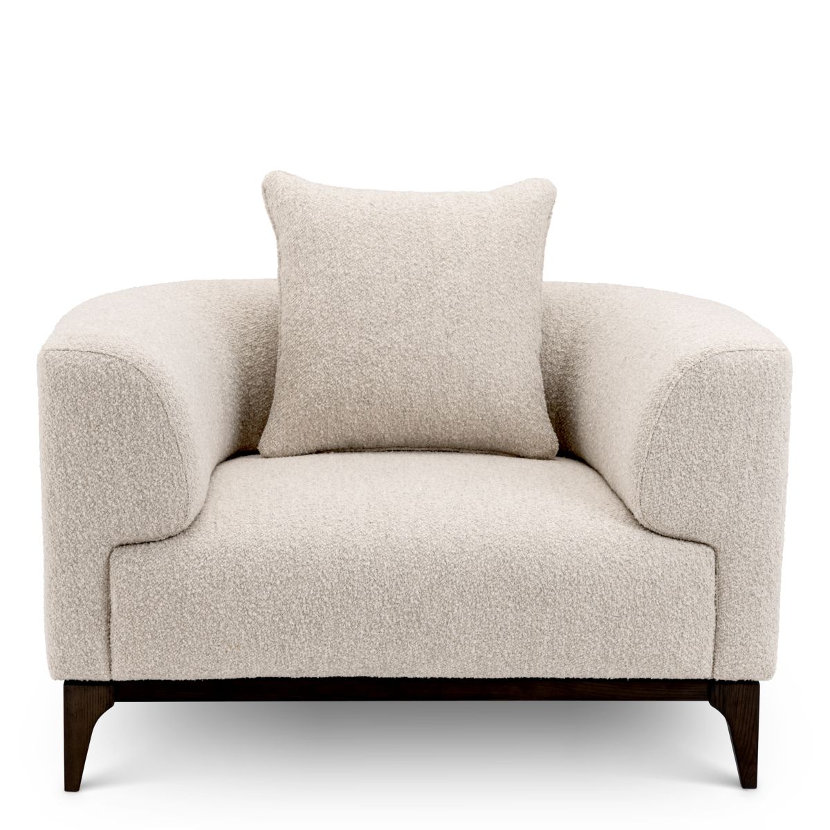 Sleek armchair in boucle cream finish with contrasting black base.