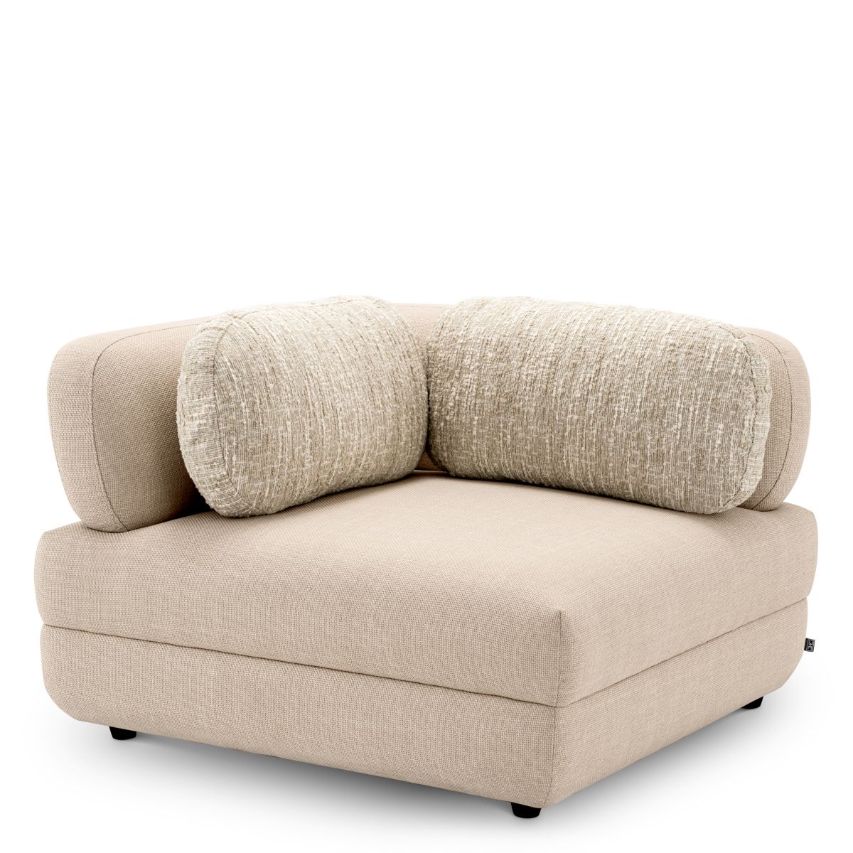 Corner section of modular sofa in boucle cream finish with black feet