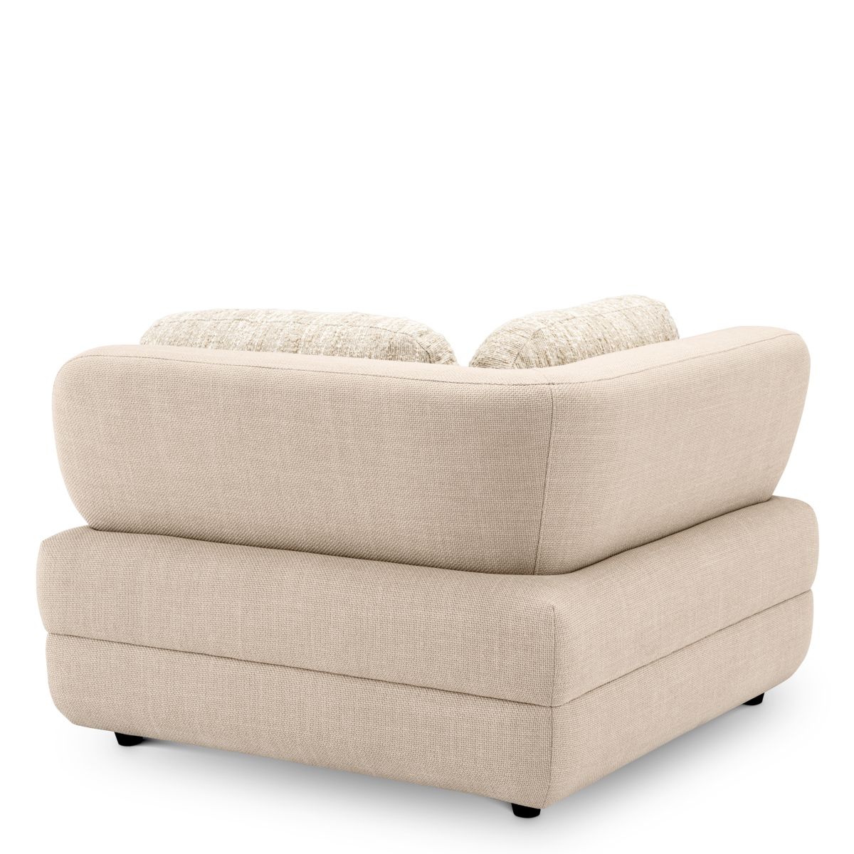 Corner section of modular sofa in boucle cream finish with black feet
