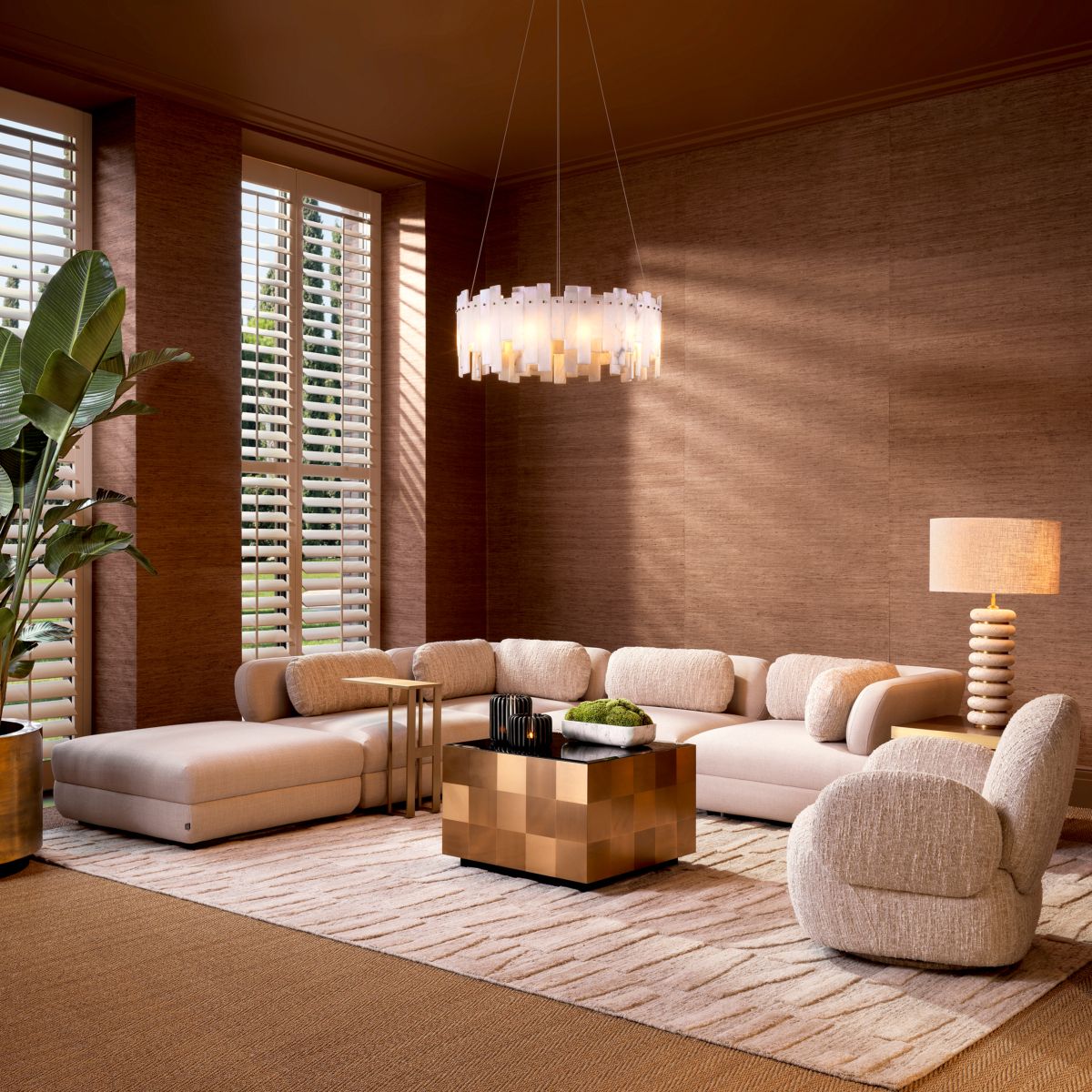 Corner section of modular sofa in boucle cream finish with black feet