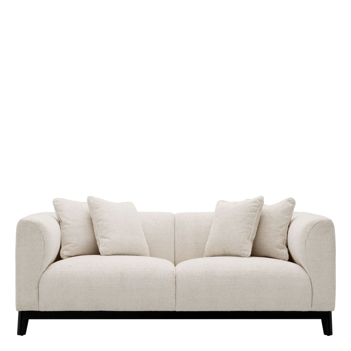 Minimalist style sofa in compact design finished in luxurious off-white fabric.