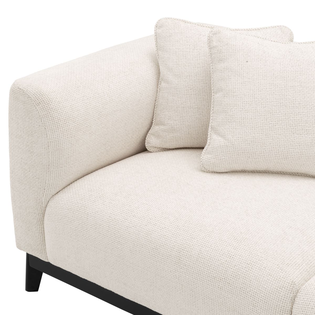 Minimalist style sofa in compact design finished in luxurious off-white fabric.