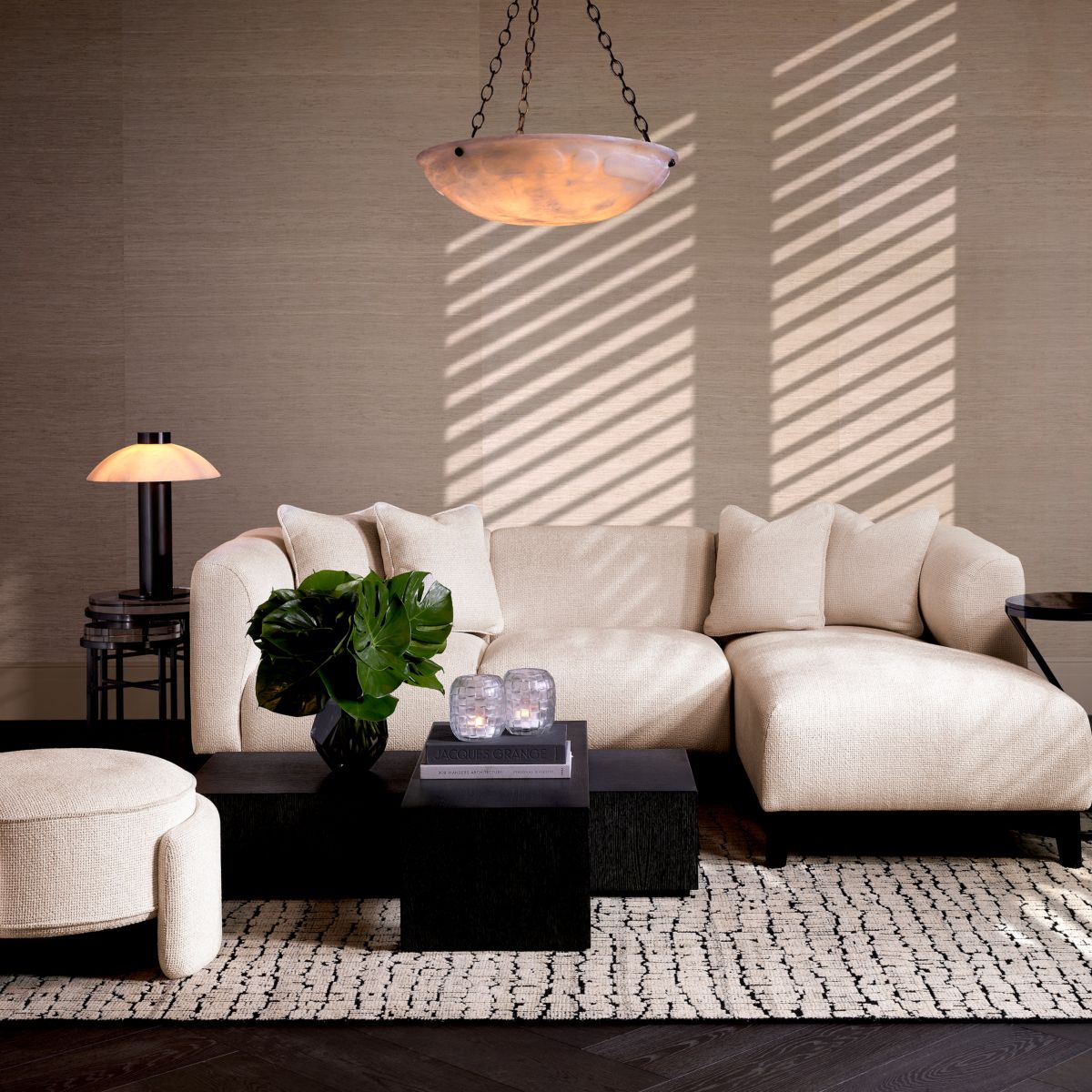 Minimalist style corner sofa in compact design finished in luxurious off-white fabric.