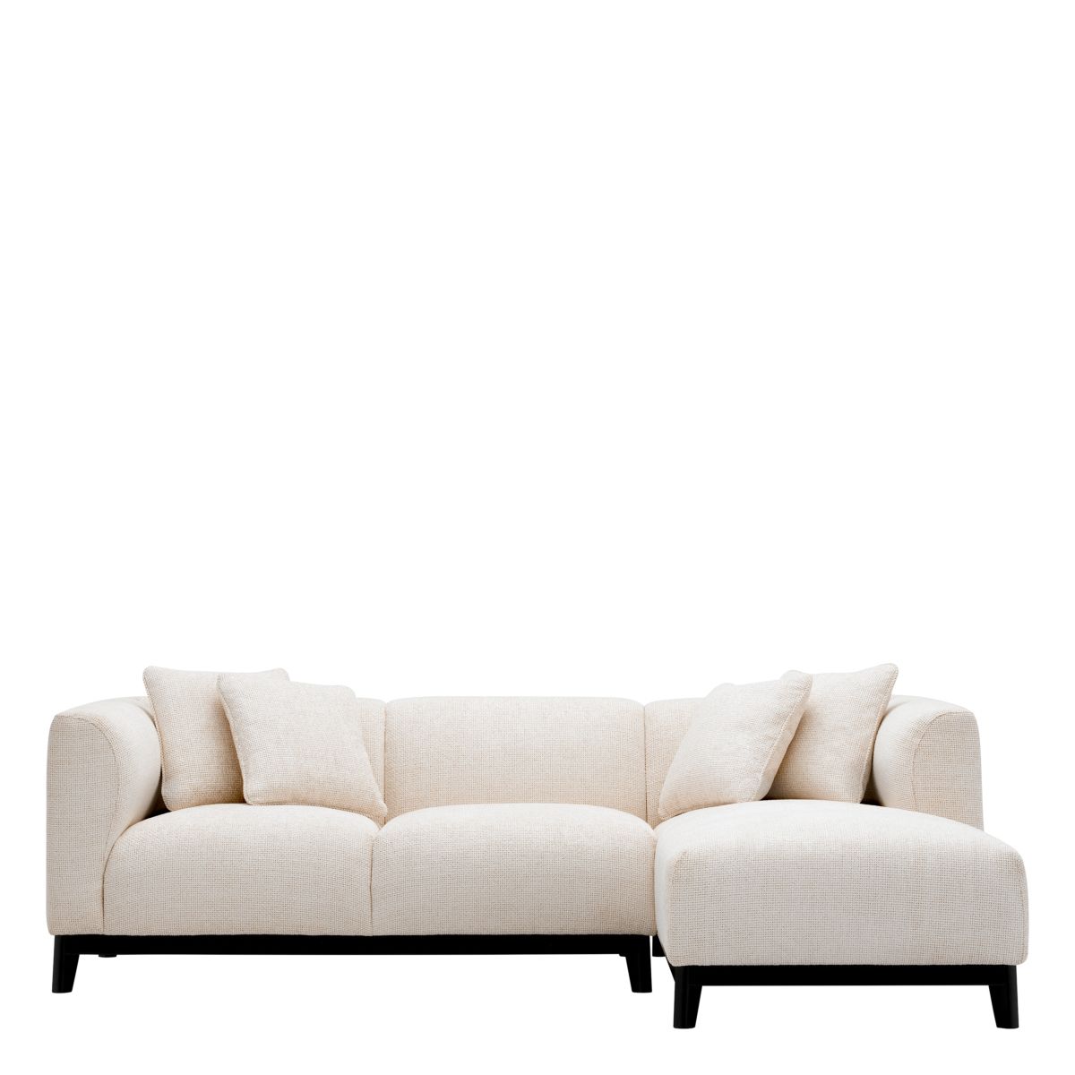 Minimalist style corner sofa in compact design finished in luxurious off-white fabric.