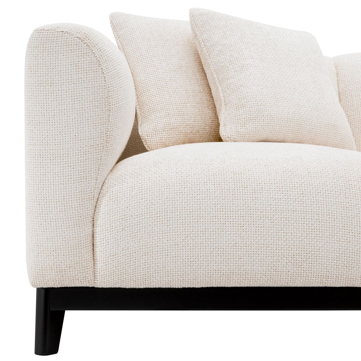 Minimalist style corner sofa in compact design finished in luxurious off-white fabric.