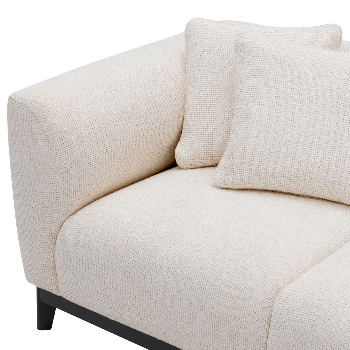 Minimalist style corner sofa in compact design finished in luxurious off-white fabric.