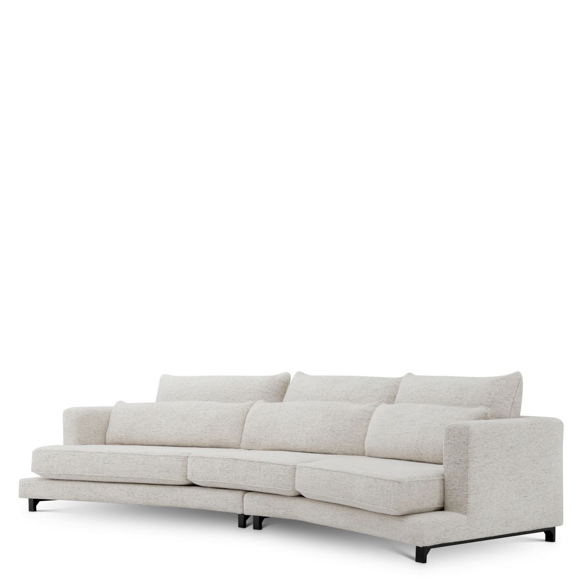 Slightly curved off-white sofa with sleek black feet.