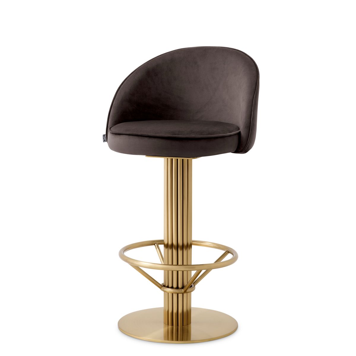 Contemporary counter stool with brass finish base and velvet grey seat