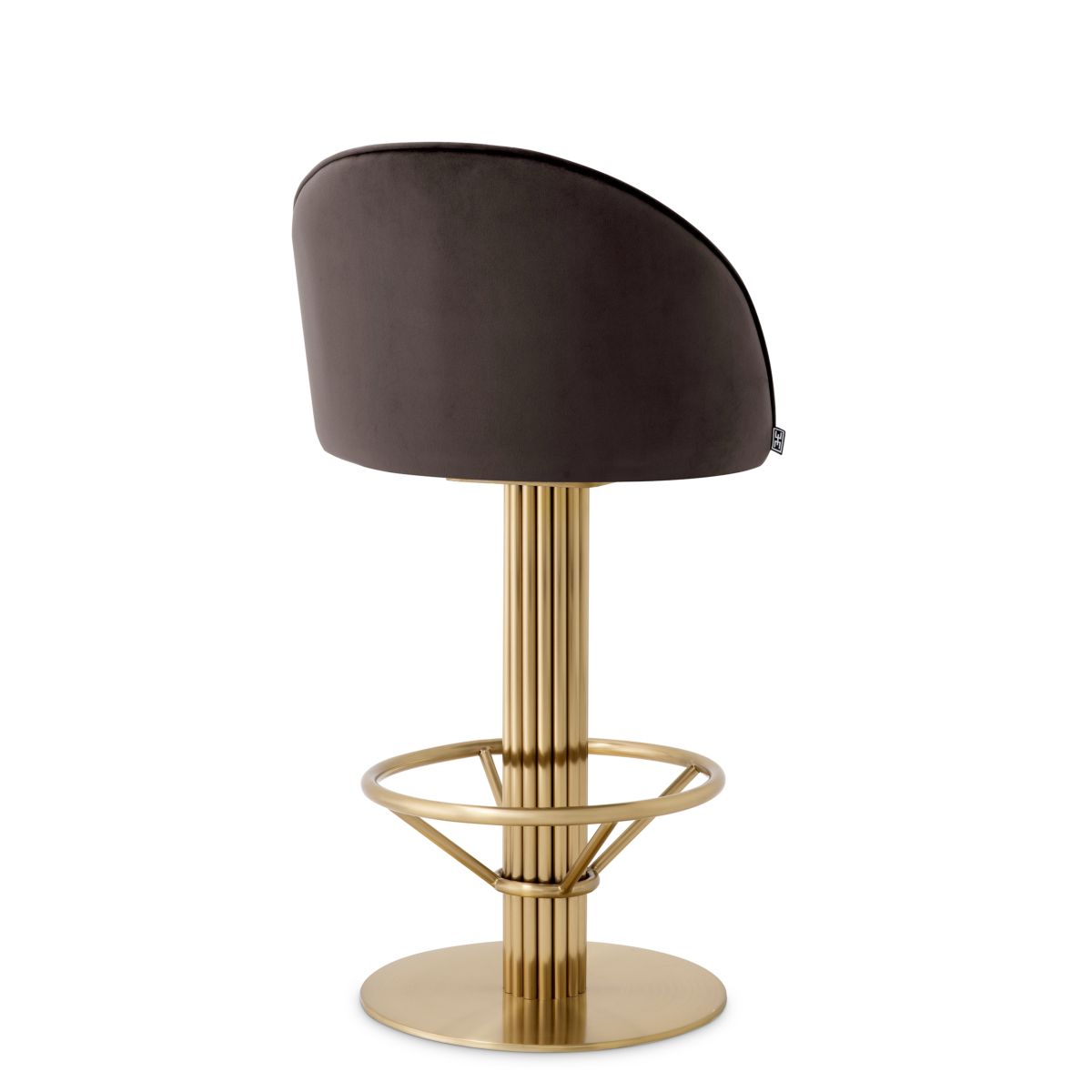 Contemporary counter stool with brass finish base and velvet grey seat