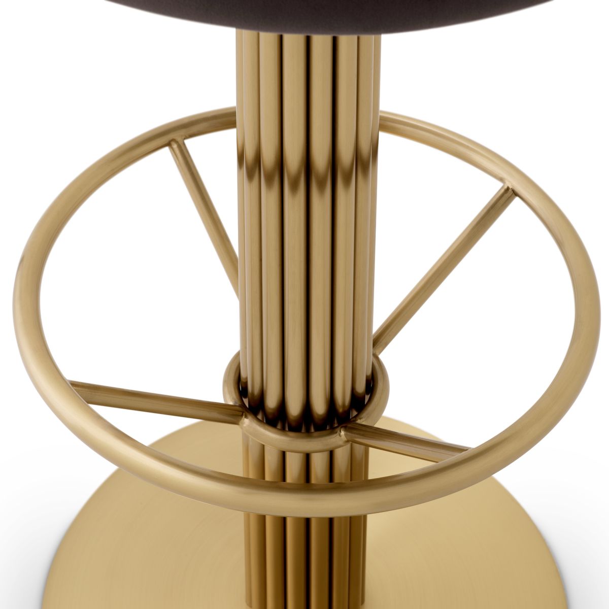 Contemporary counter stool with brass finish base and velvet grey seat