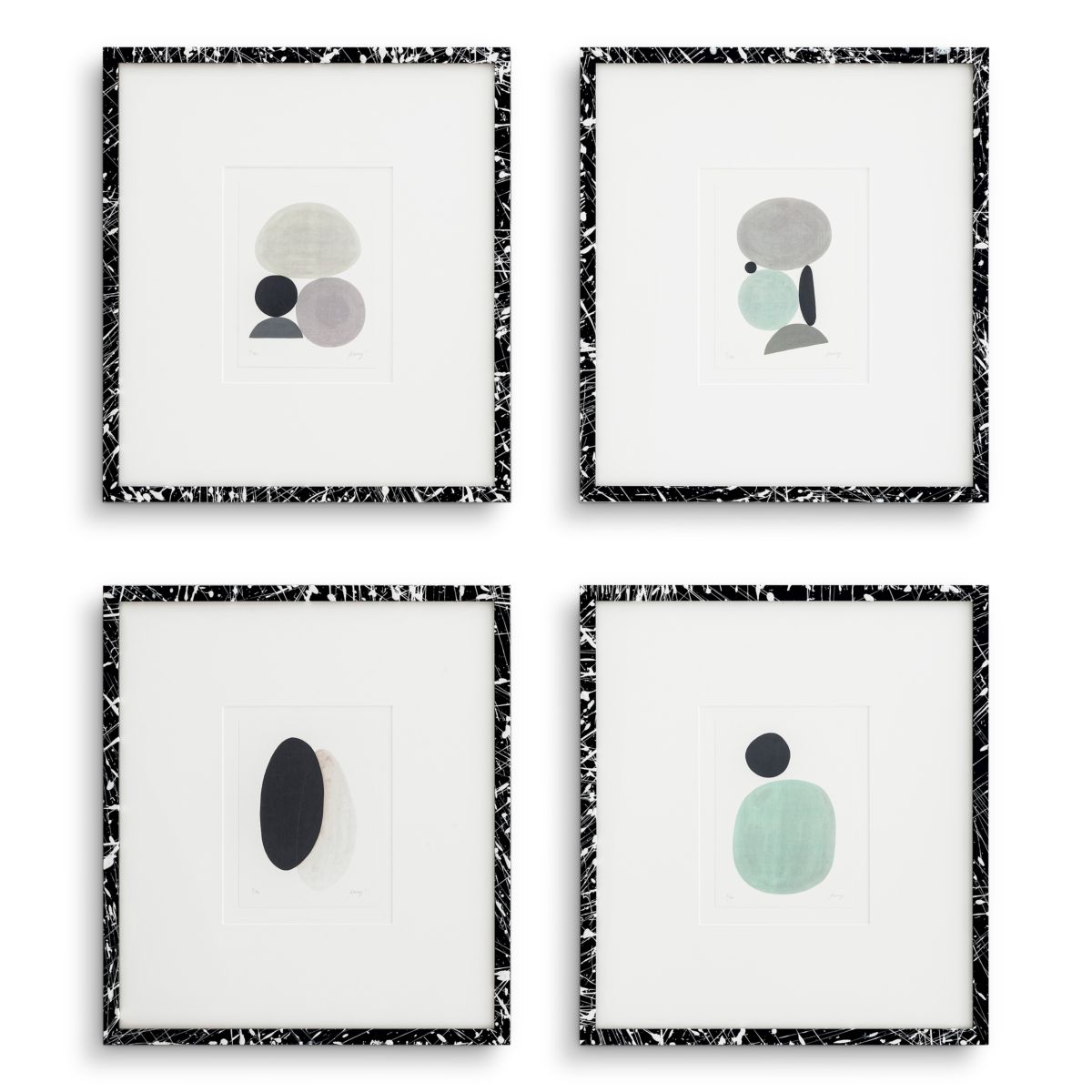 Black artistic wooden frame containing minimalist prints
